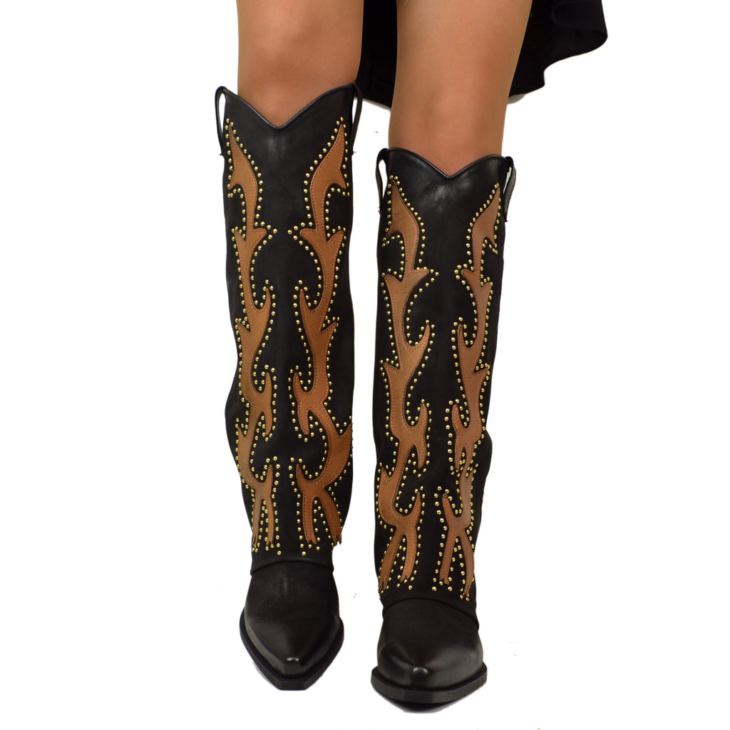 High Texans with Gold Studs and Leather Trim Nubuck Leather Western Boots - 6