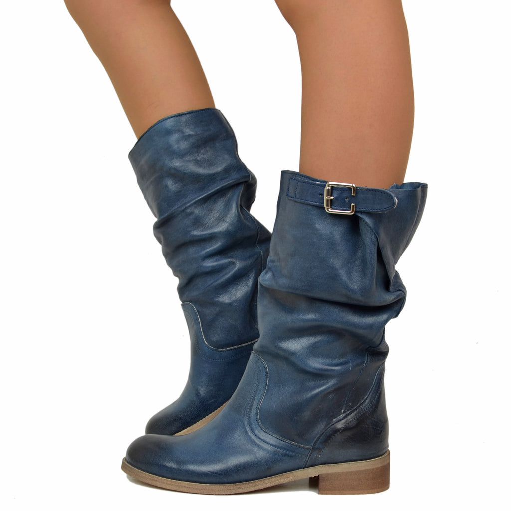 Mid-Calf Biker Boots with Buckle in Vintage Blue Leather