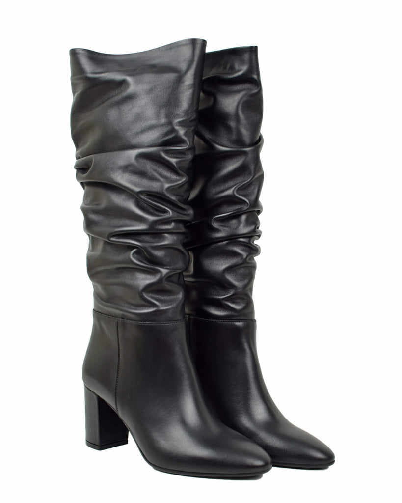 Stivali Alti in Pelle Plissettata con Tacco Alto 7 Centimetri Eleganti Pelle Nera - 2