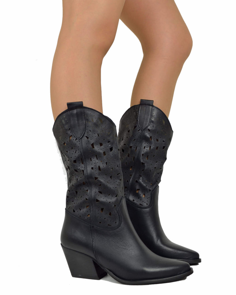 Sommer Westernstiefel – Lochmuster, 7 cm Absatz, Schwarz - 3