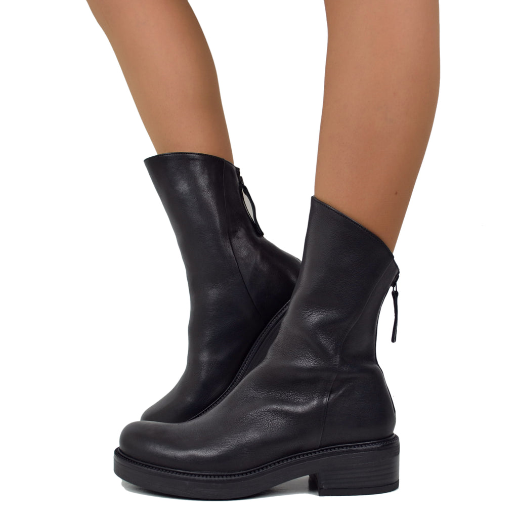 Ankle Boots with Back Zip in Total Black Genuine Leather