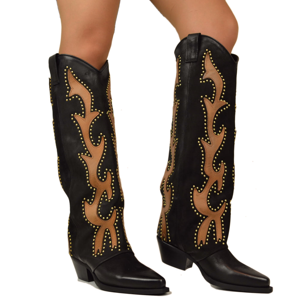High Texans with Gold Studs and Leather Trim Nubuck Leather Western Boots - 7