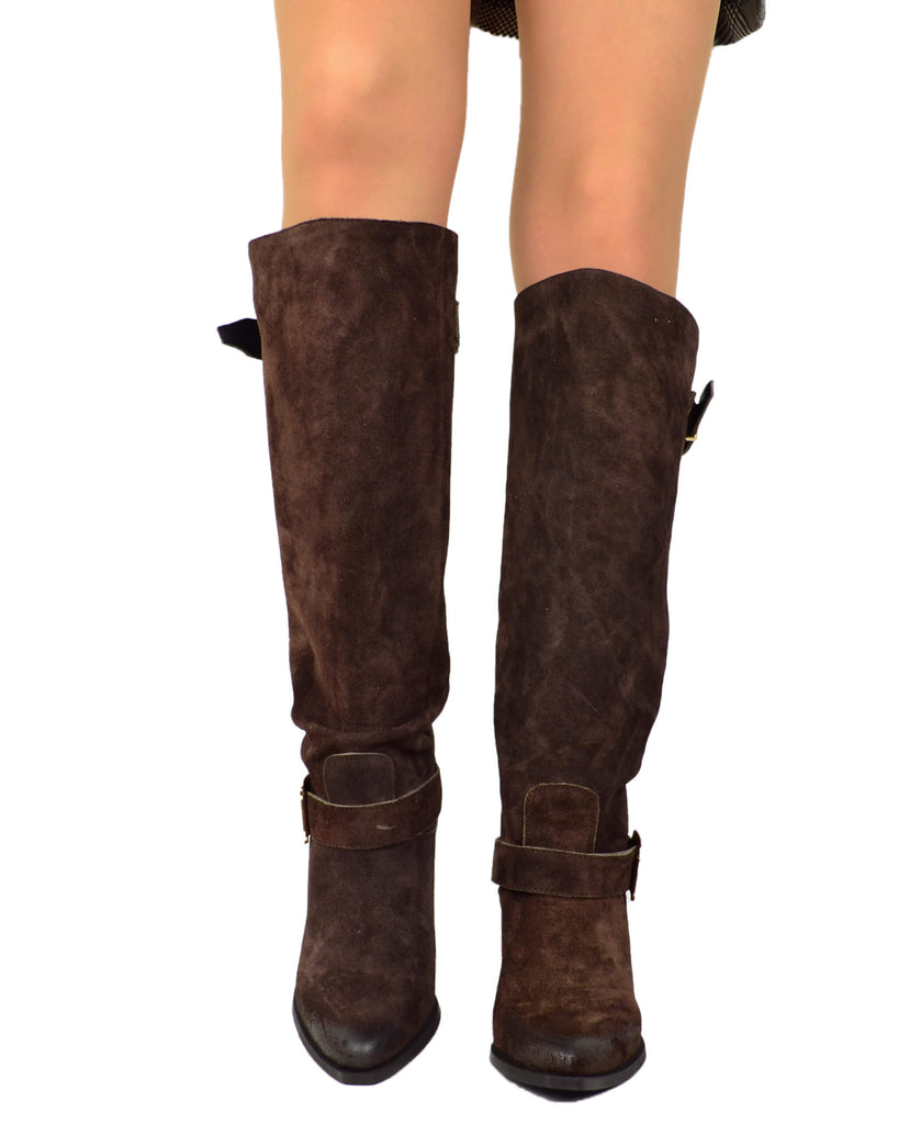 Stivali Texani Alti Marroni con Fibbia in Pelle Scamosciata Made in Italy - 5