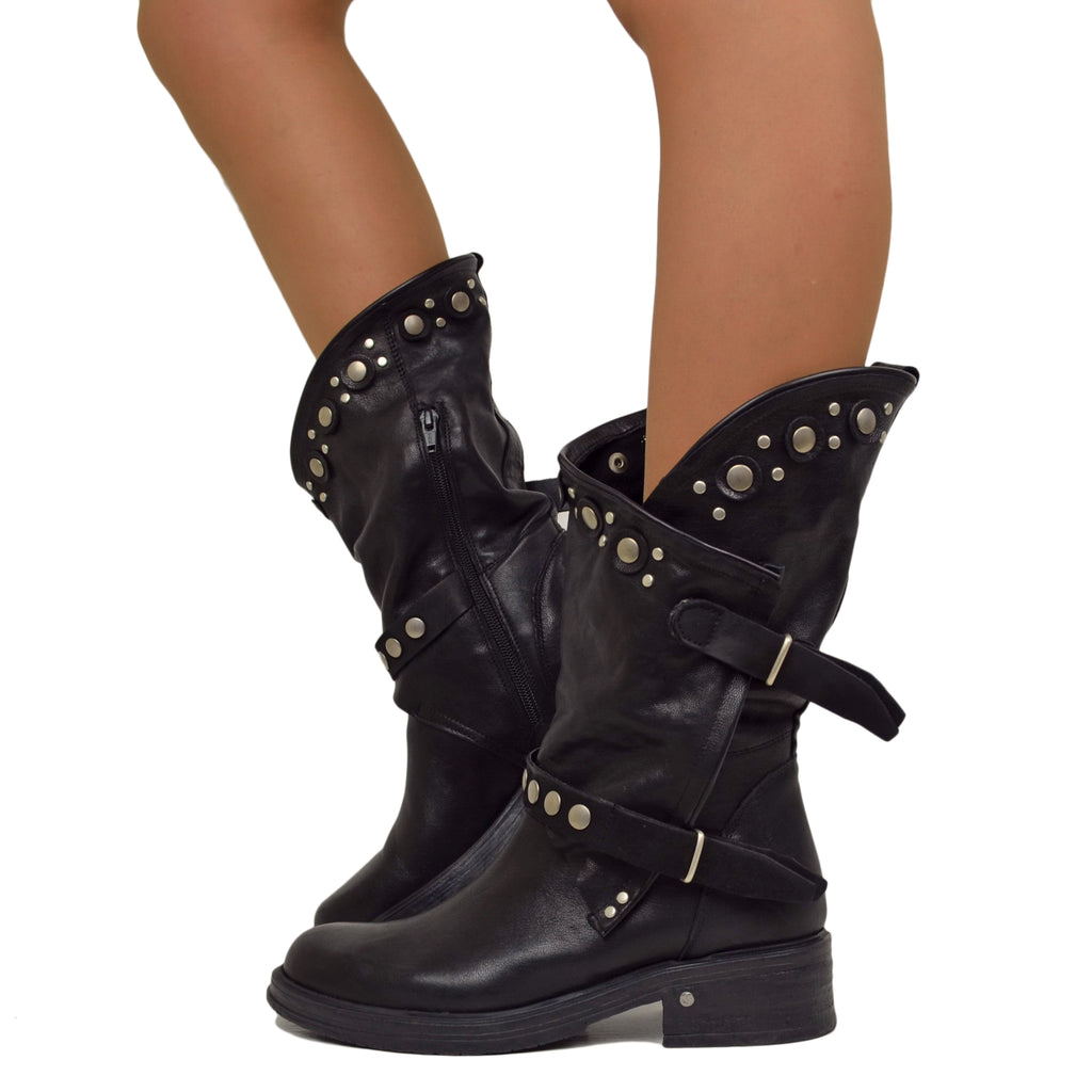 Women's Black Leather Biker Boots with Studs and Zip Made in Italy
