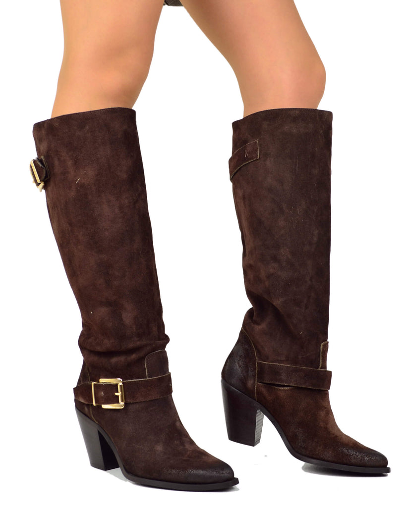 Stivali Texani Alti Marroni con Fibbia in Pelle Scamosciata Made in Italy - 3