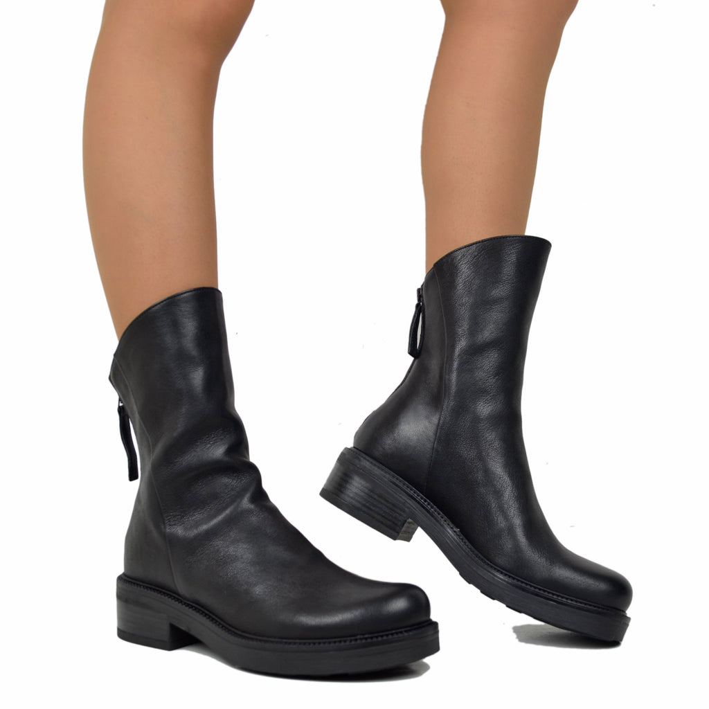 Ankle Boots with Back Zip in Total Black Genuine Leather - 5