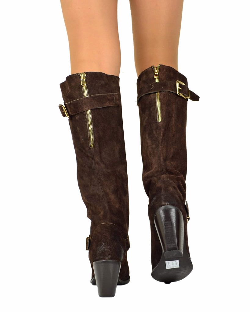 Stivali Texani Alti Marroni con Fibbia in Pelle Scamosciata Made in Italy - 6