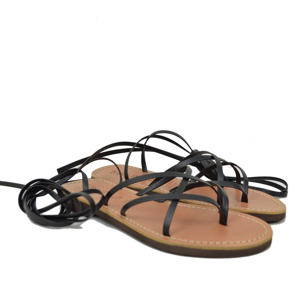 Black Gladiator Flip Flop Sandals with Leather Sole by Kikkiline - 2