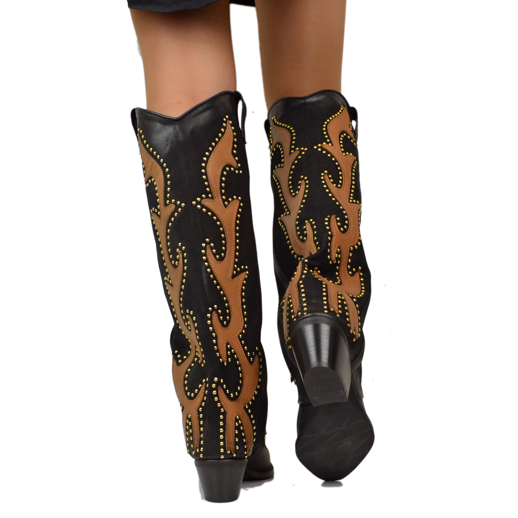 High Texans with Gold Studs and Leather Trim Nubuck Leather Western Boots - 8