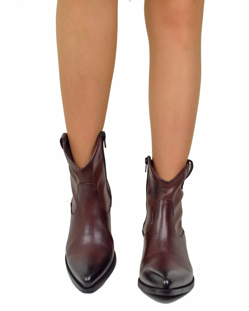 Cowboy Ankle Boots in Genuine Bordeaux Leather with Side Zip - 4