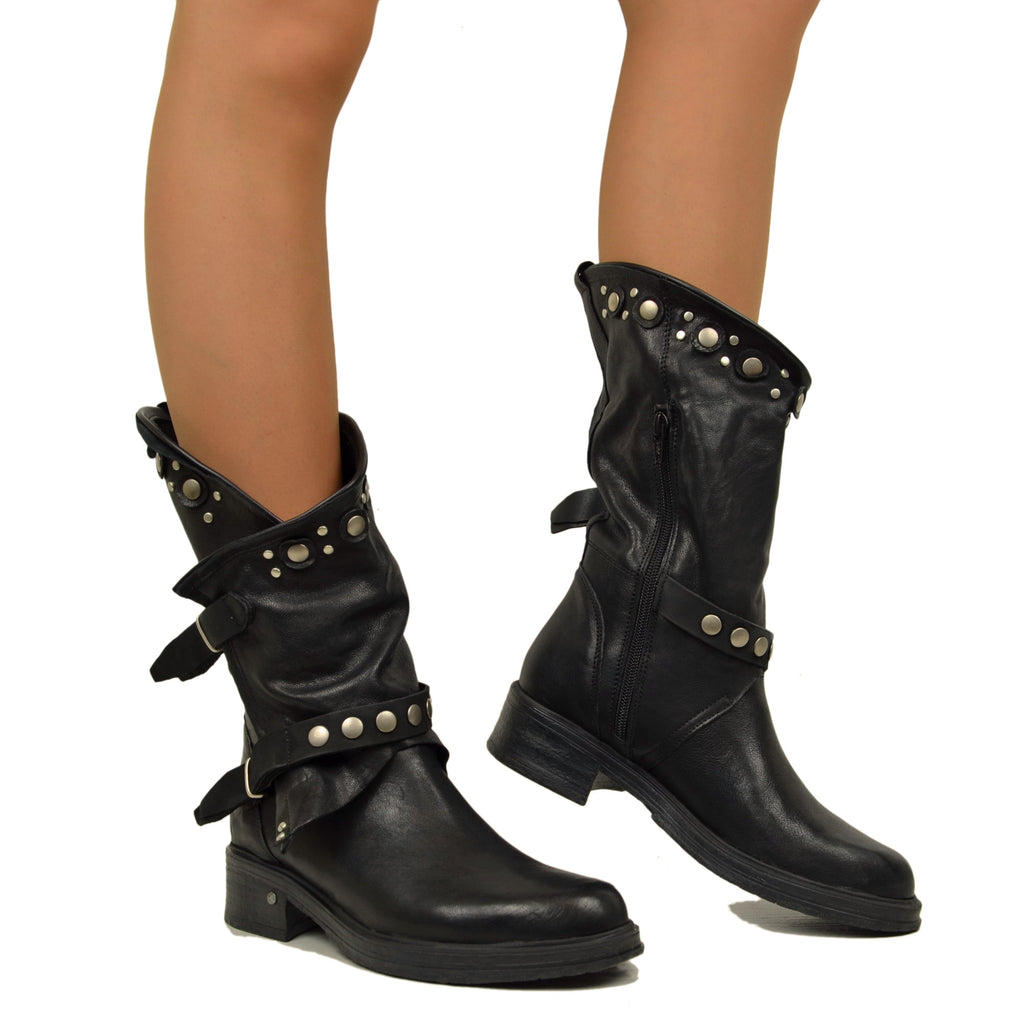 Women's Black Leather Biker Boots with Studs and Zip Made in Italy - 4