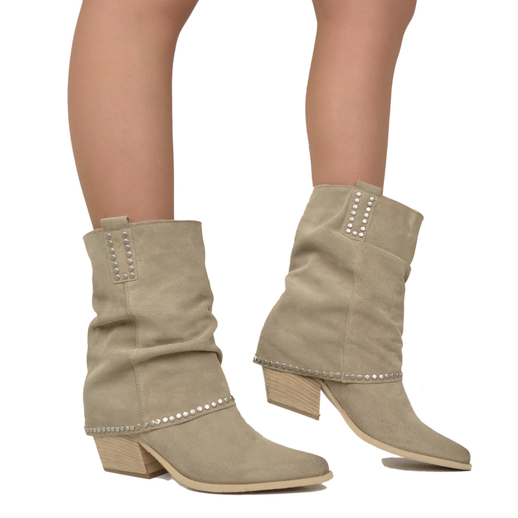 Women's Texan Boots in Beige Suede Leather with Studs - 5