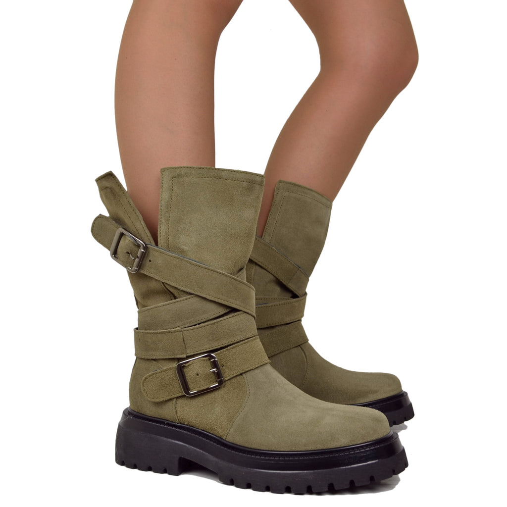 Biker Boots Donna in Pelle Scamosciata Taupe Made in Italy con Fibbie - 5