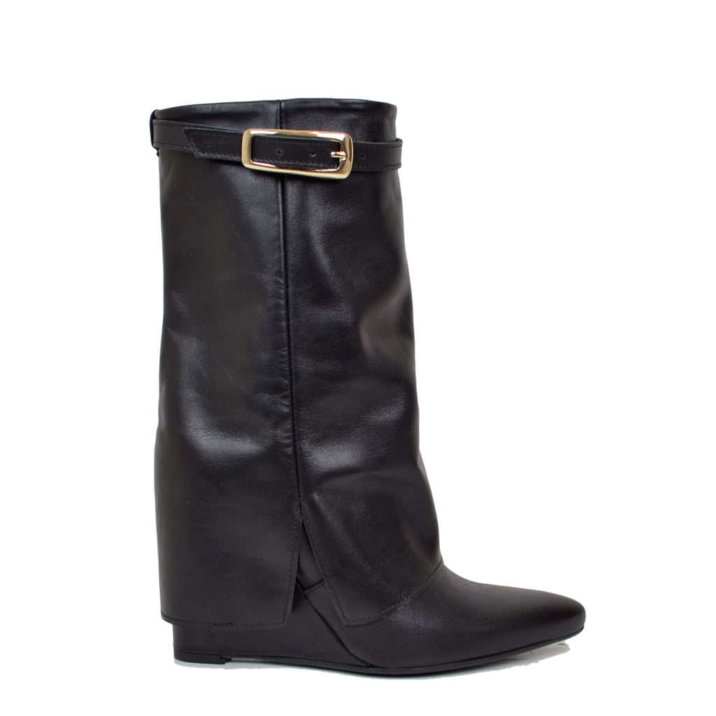 Ankle Boots with Gaiter and Golden Buckle 9cm High Wedge GENUINE LEATHER - 2