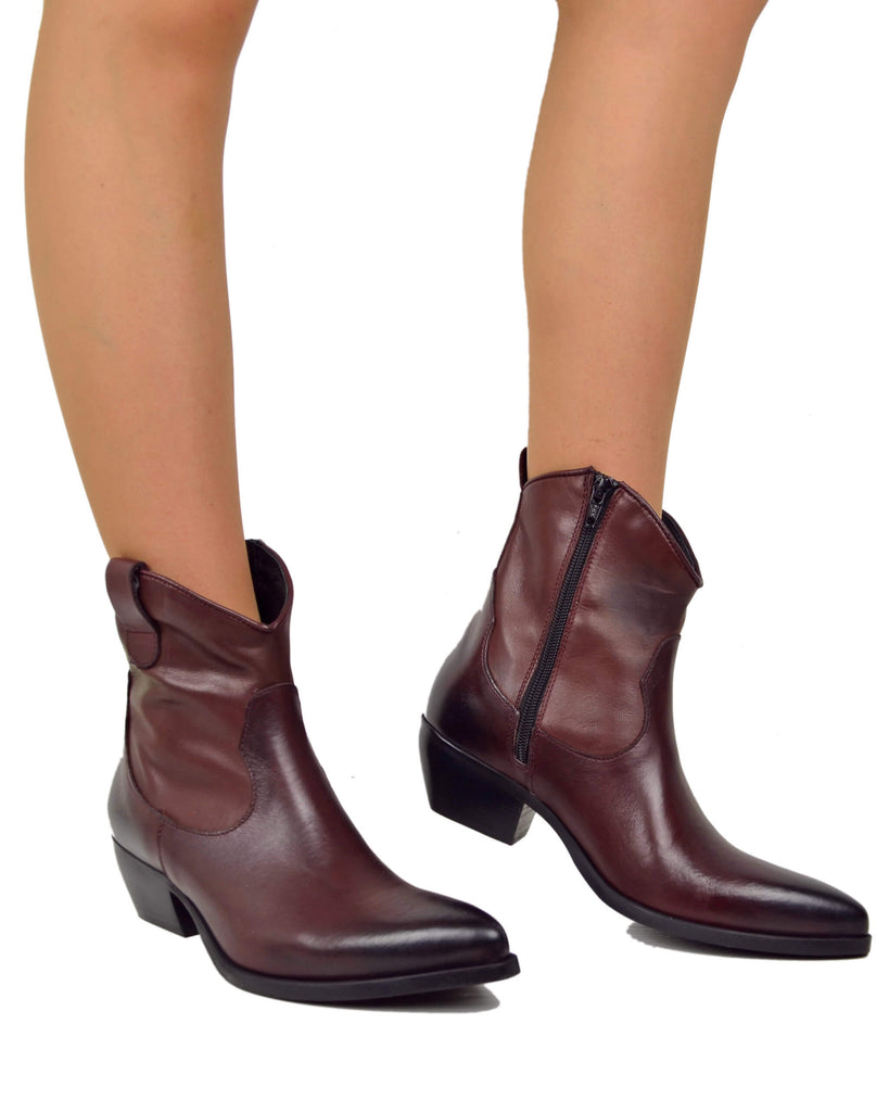 Cowboy Ankle Boots in Genuine Bordeaux Leather with Side Zip - 5