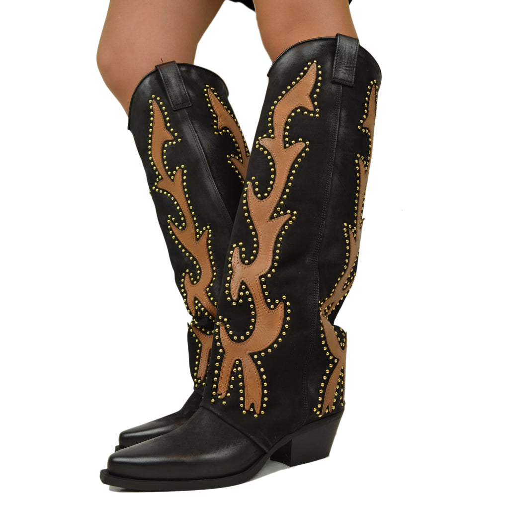 High Texans with Gold Studs and Leather Trim Nubuck Leather Western Boots - 4