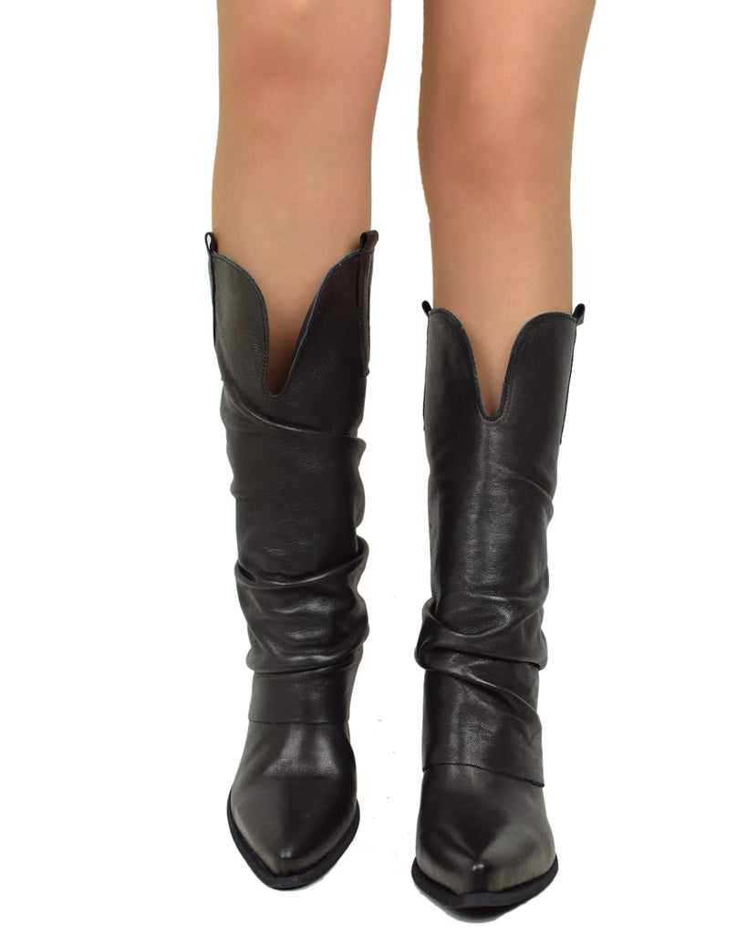 Wide Calf Leather Cowboy Boots with Soft Shaft – 7 cm Heel – Black - 4