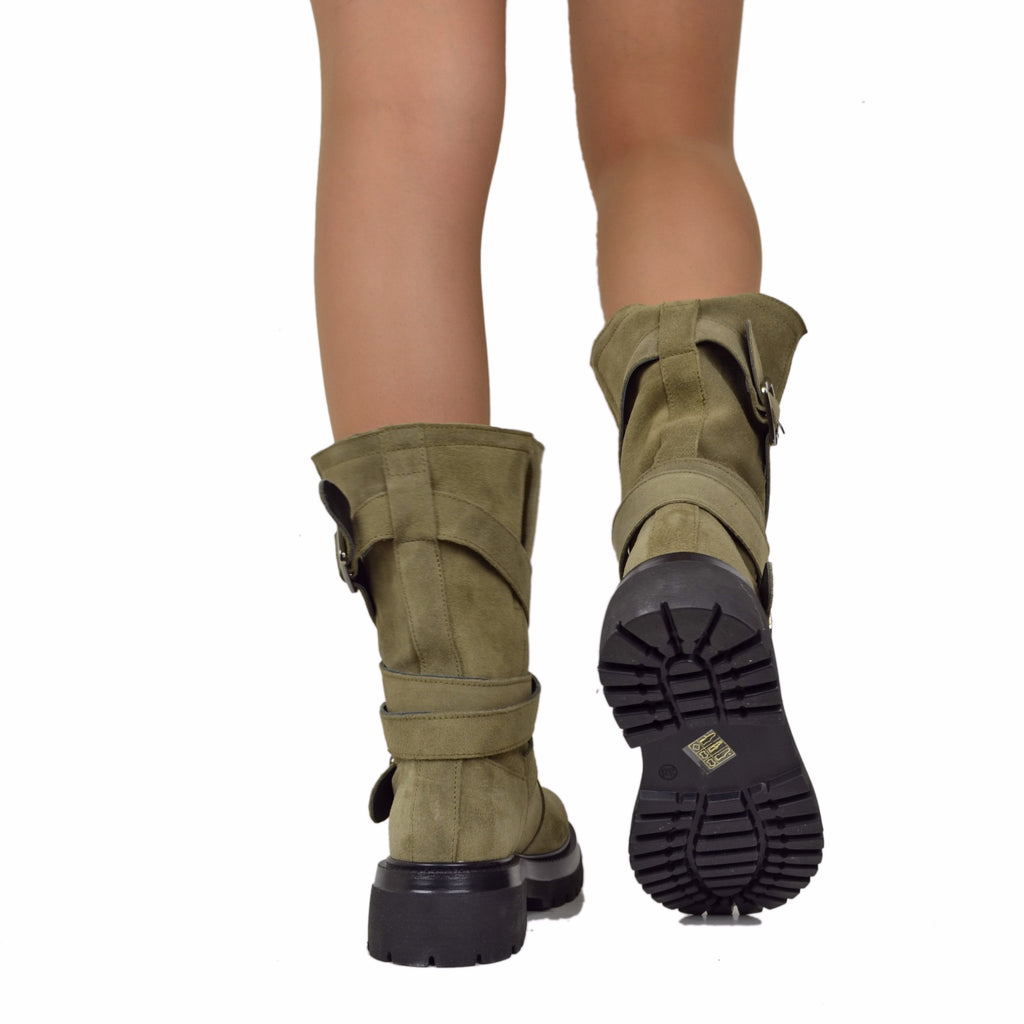 Biker Boots Donna in Pelle Scamosciata Taupe Made in Italy con Fibbie - 6