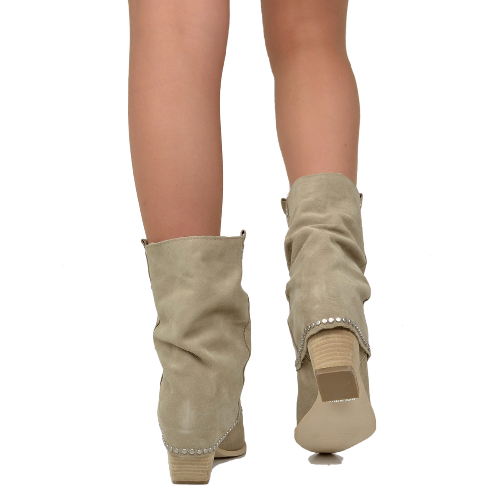 Women's Texan Boots in Beige Suede Leather with Studs - 6