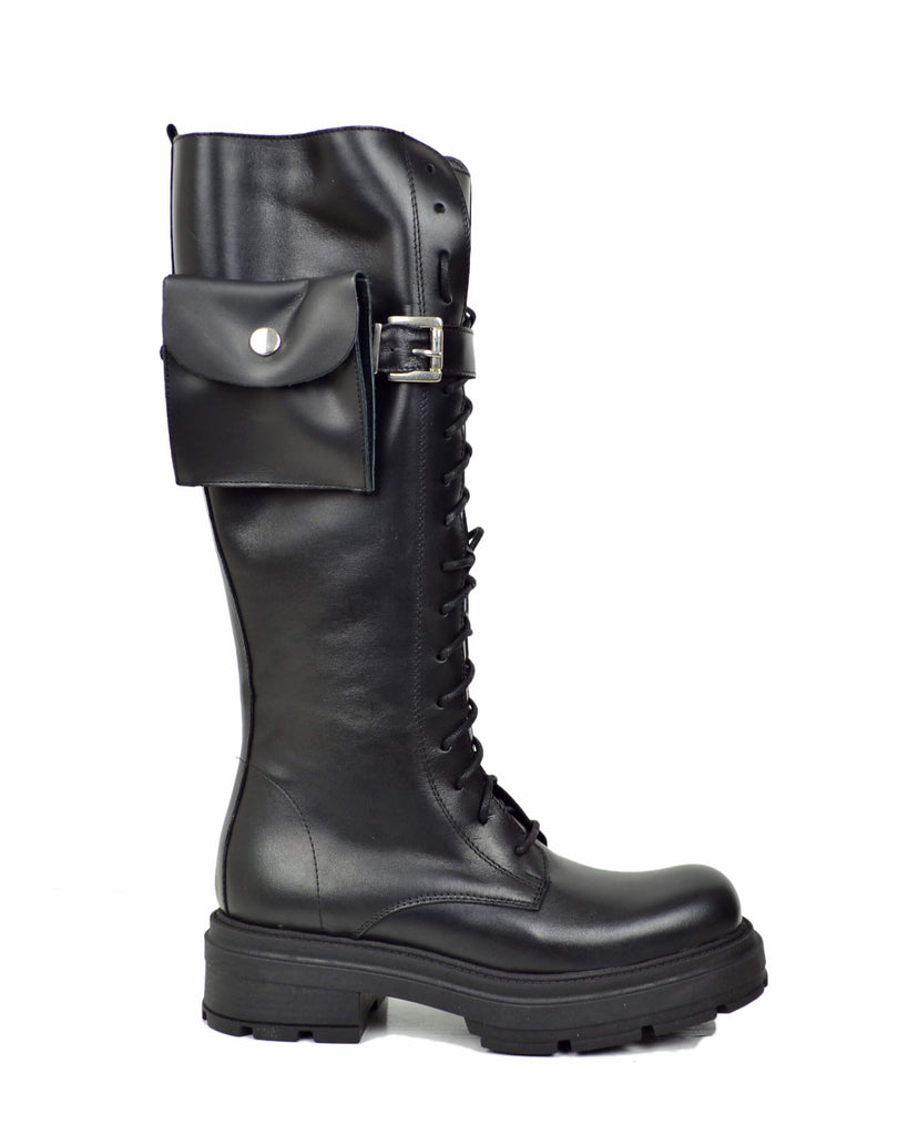 Bottes Biker Hautes Lacées en Cuir Véritable – Style Underground avec Pochette - 5