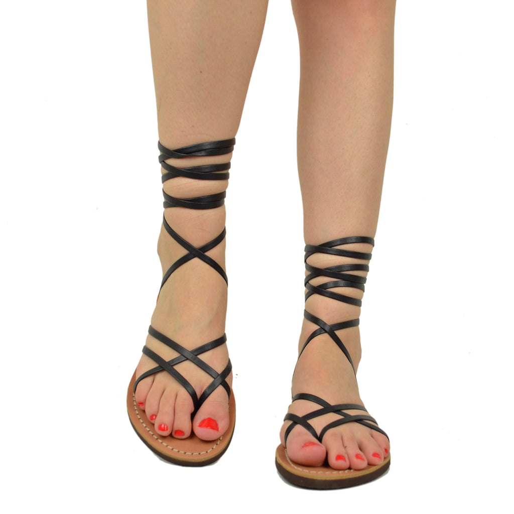 Black Gladiator Flip Flop Sandals with Leather Sole by Kikkiline - 3