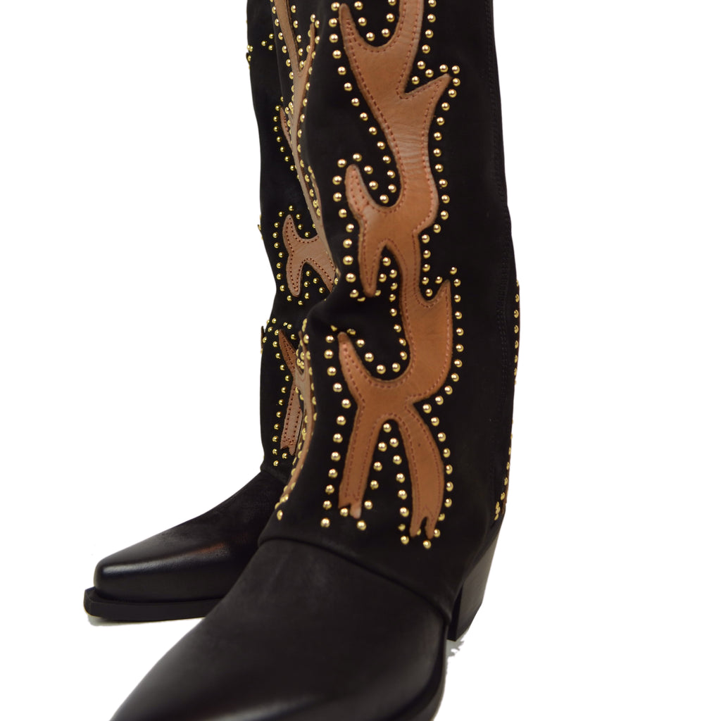 High Texans with Gold Studs and Leather Trim Nubuck Leather Western Boots - 5