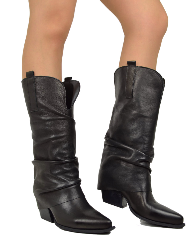 Wide Calf Leather Cowboy Boots with Soft Shaft – 7 cm Heel – Black - 5