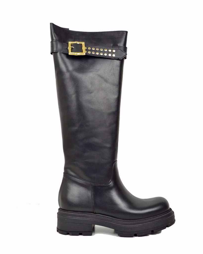 Long-Shaft Leather Boots with Gold Buckle and Studs – Square Toe & Platform - 6
