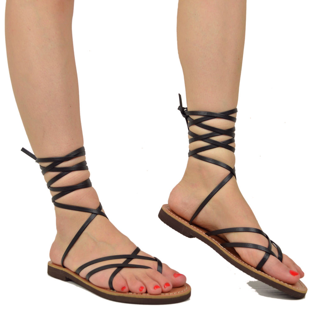 Black Gladiator Flip Flop Sandals with Leather Sole by Kikkiline - 4