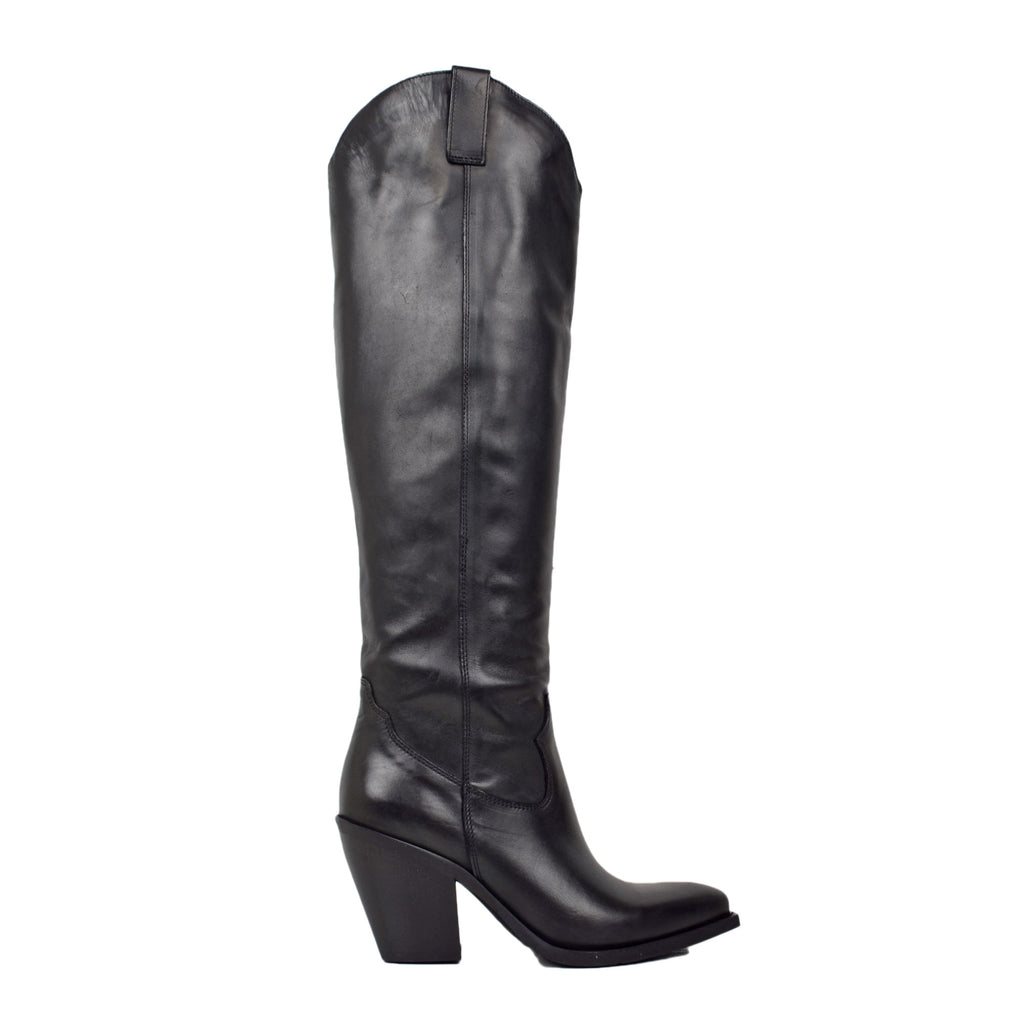 Women's Black Smooth Knee-High Texan Boots 9cm High Heel in Leather - 2