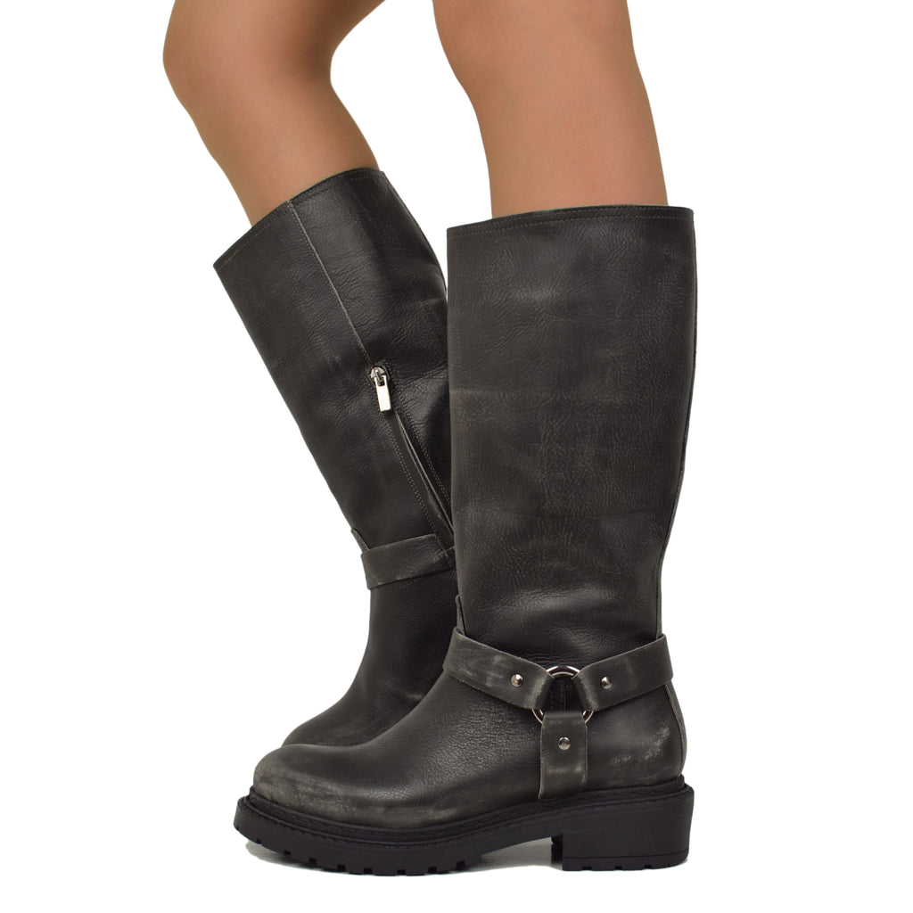 Women's Police Biker Boots in Anthracite Scratched Used Effect Leather Made in Italy