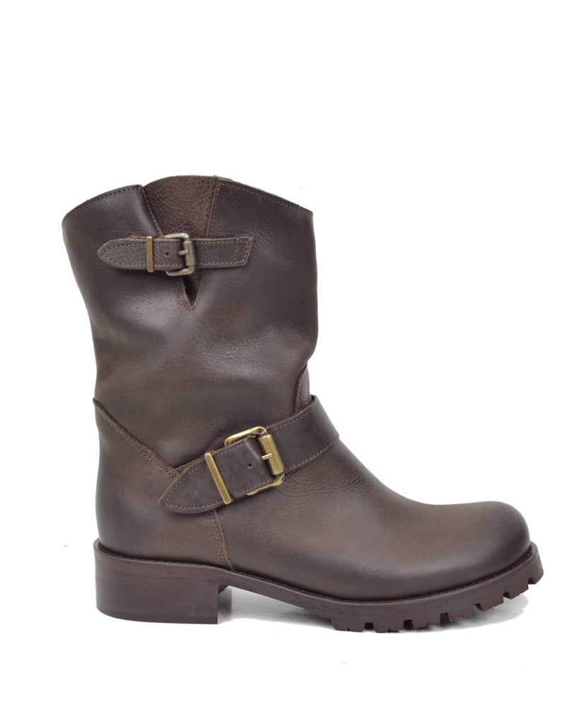 Stivali Donna Police Biker Boots in Pelle Ingrassata Marrone Scuro Made in Italy - 5