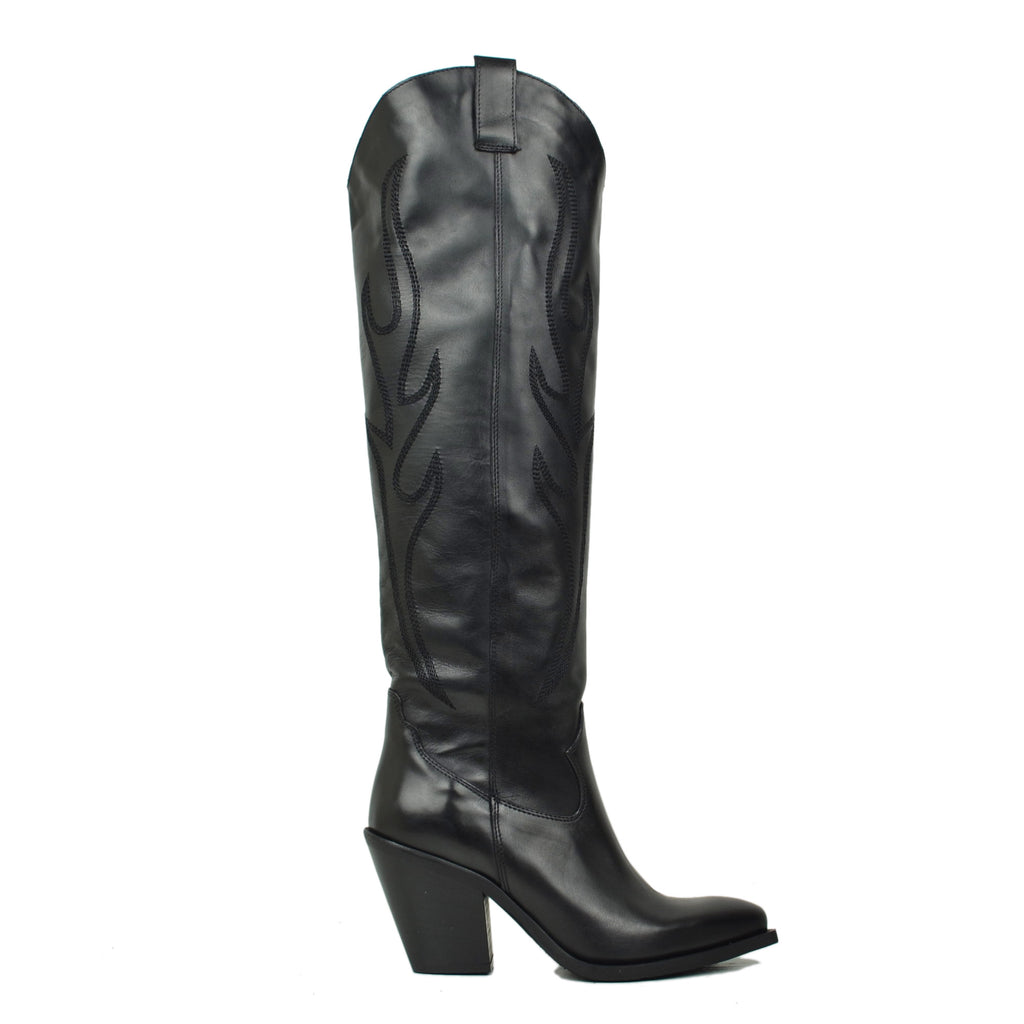 Black Knee High Texan Boots 9cm High Heel Leather - 2