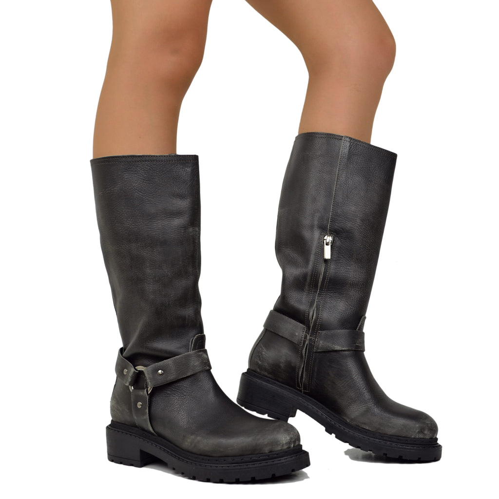 Women's Police Biker Boots in Anthracite Scratched Used Effect Leather Made in Italy - 3