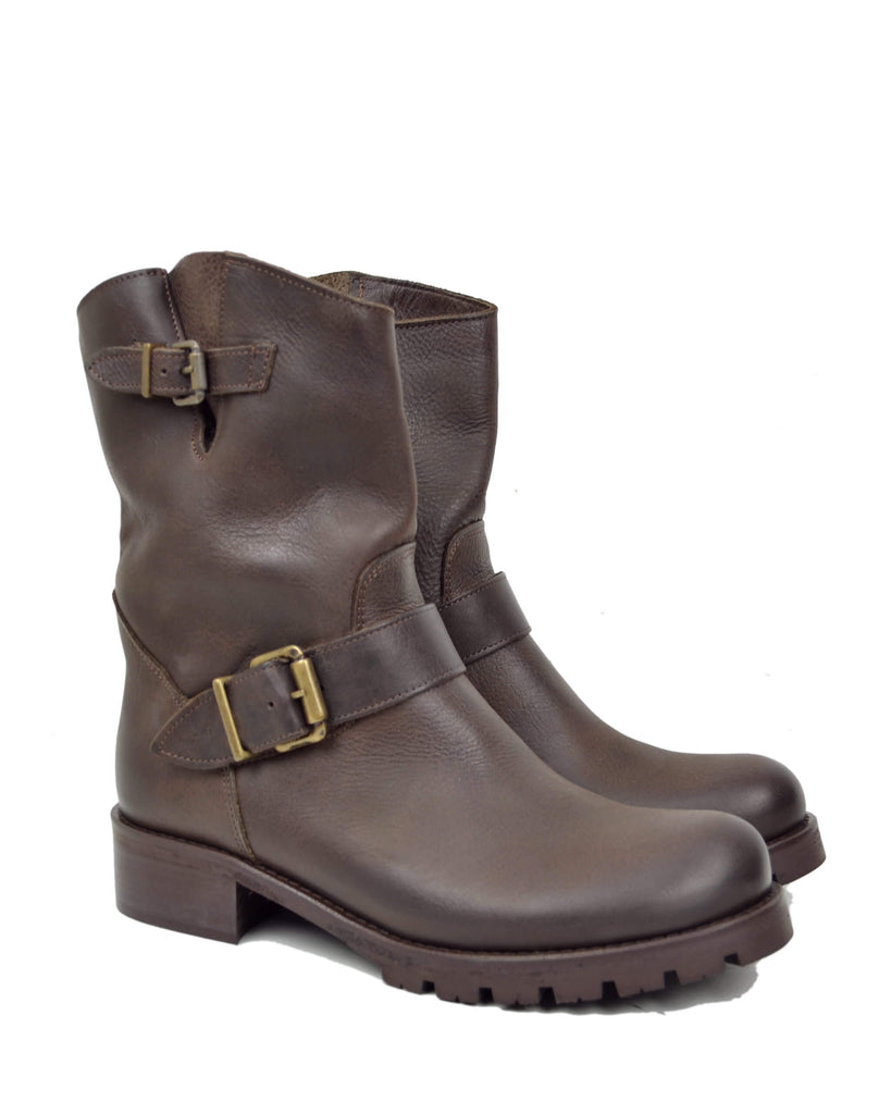 Stivali Donna Police Biker Boots in Pelle Ingrassata Marrone Scuro Made in Italy - 2