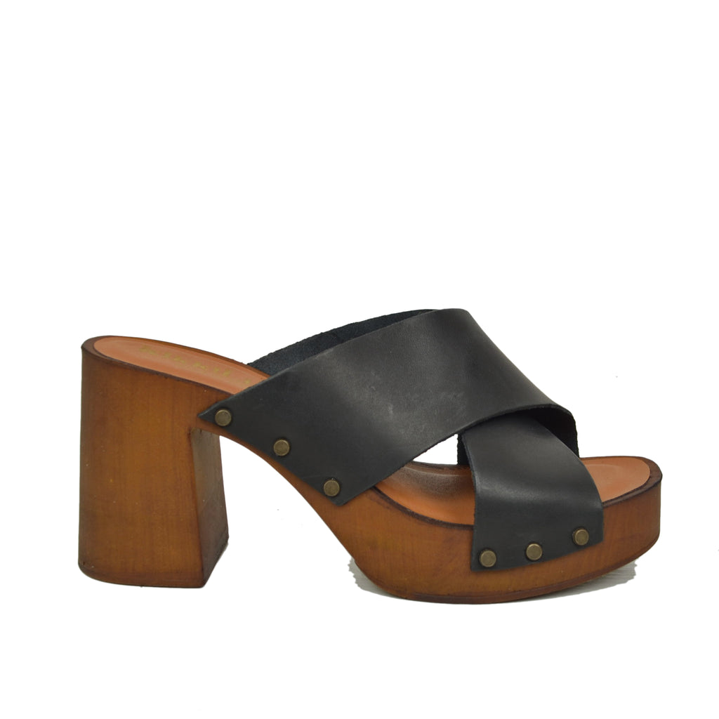 Women's Black Cross-Band Clogs in Oiled Leather with Soft Padded Sole - 2