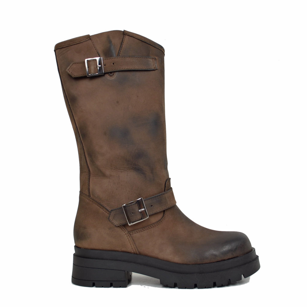 Braune Damen-Bikerstiefel mit verstellbaren Schnallen, hergestellt in Italien - 4