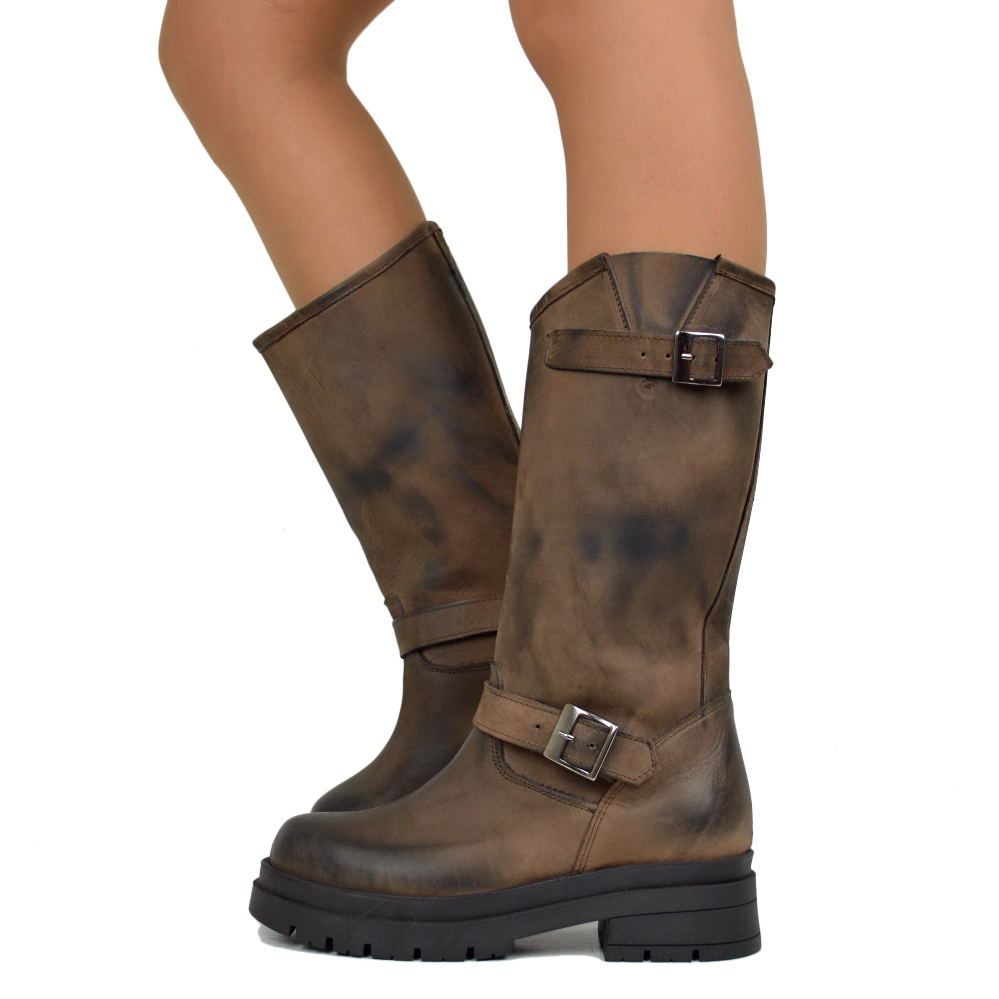 Brown Women's Biker Boots with Adjustable Buckles Made in Italy