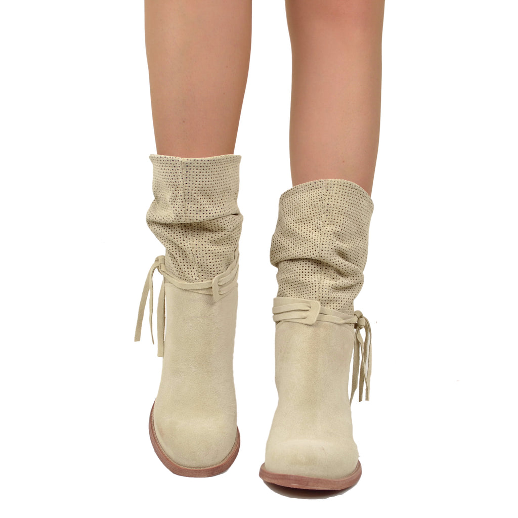 Stivaletti Donna Estivi in Pelle Beige Scamosciati Traforati - 4