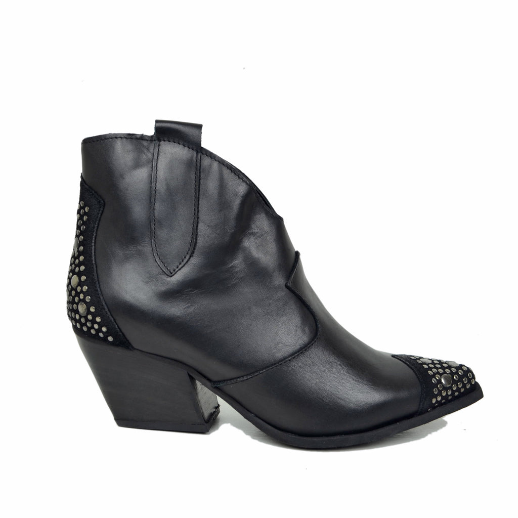Black Women's Texan Ankle Boots in Leather with Studs - 2