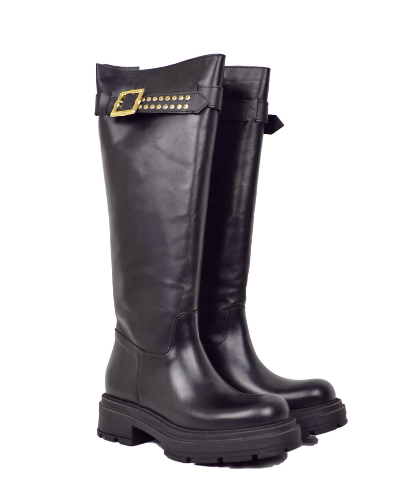 Long-Shaft Leather Boots with Gold Buckle and Studs – Square Toe & Platform - 2