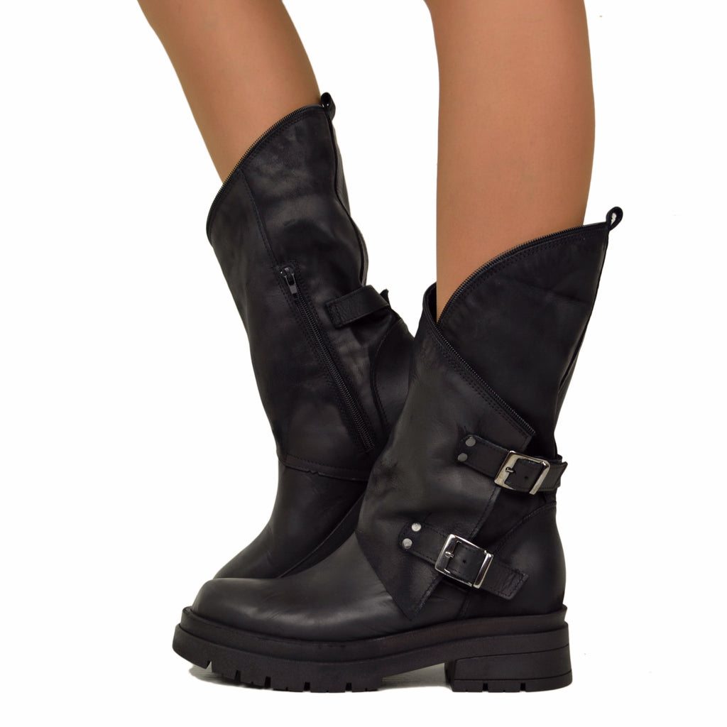 Schwarze Damen-Bikerstiefel mit Schnallen und seitlichem Reißverschluss, hergestellt in Italien