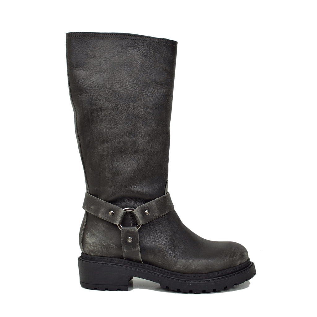 Women's Police Biker Boots in Anthracite Scratched Used Effect Leather Made in Italy - 5