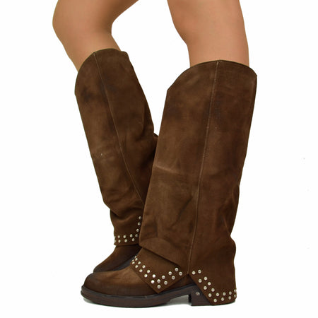 Stivali Biker Alti con Ghetta e Borchie Argentate Pelle