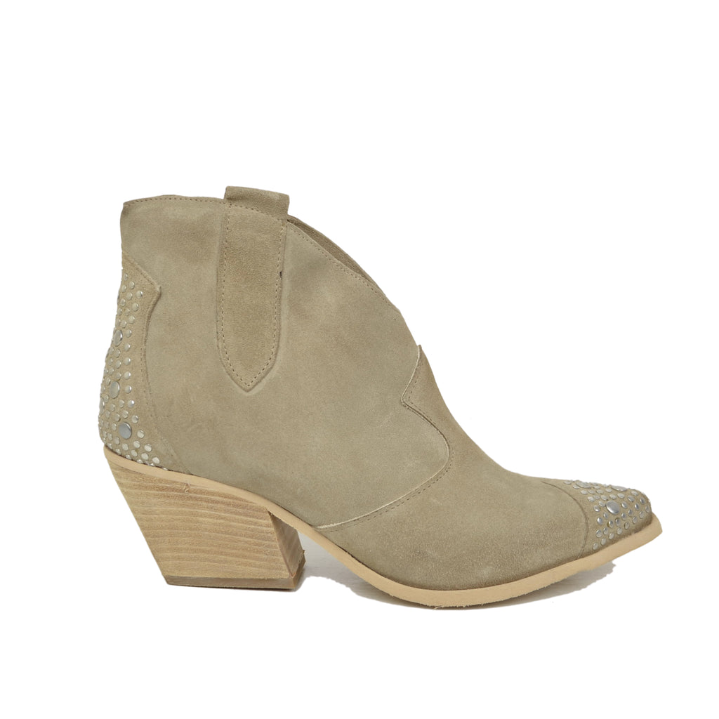 Stivaletti Texani Donna Borchiati in Pelle Scamosciata Beige - 2