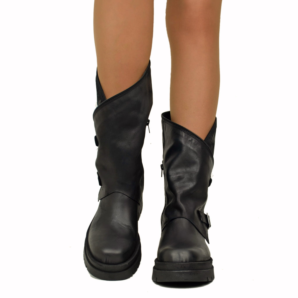 Women's Black Biker Boots with Buckles and Side Zip Made in Italy - 3