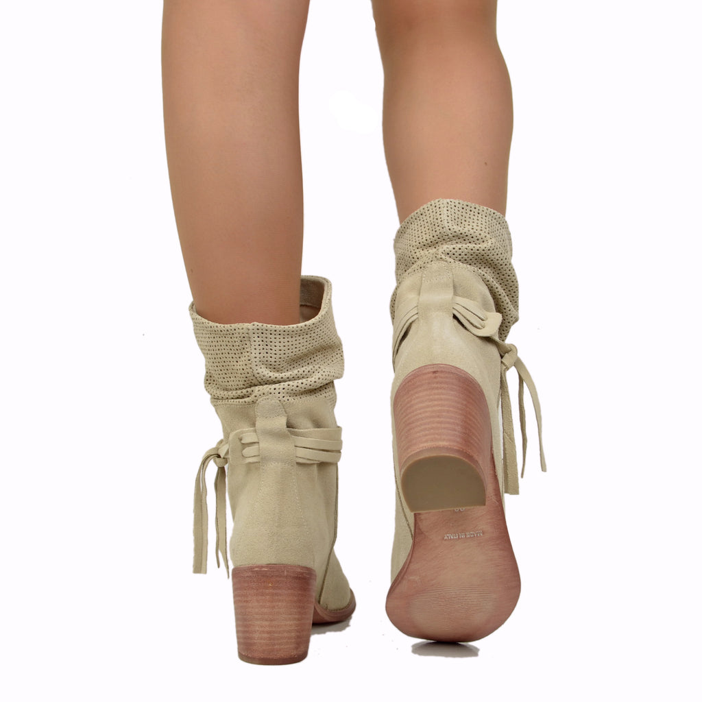 Stivaletti Donna Estivi in Pelle Beige Scamosciati Traforati - 3