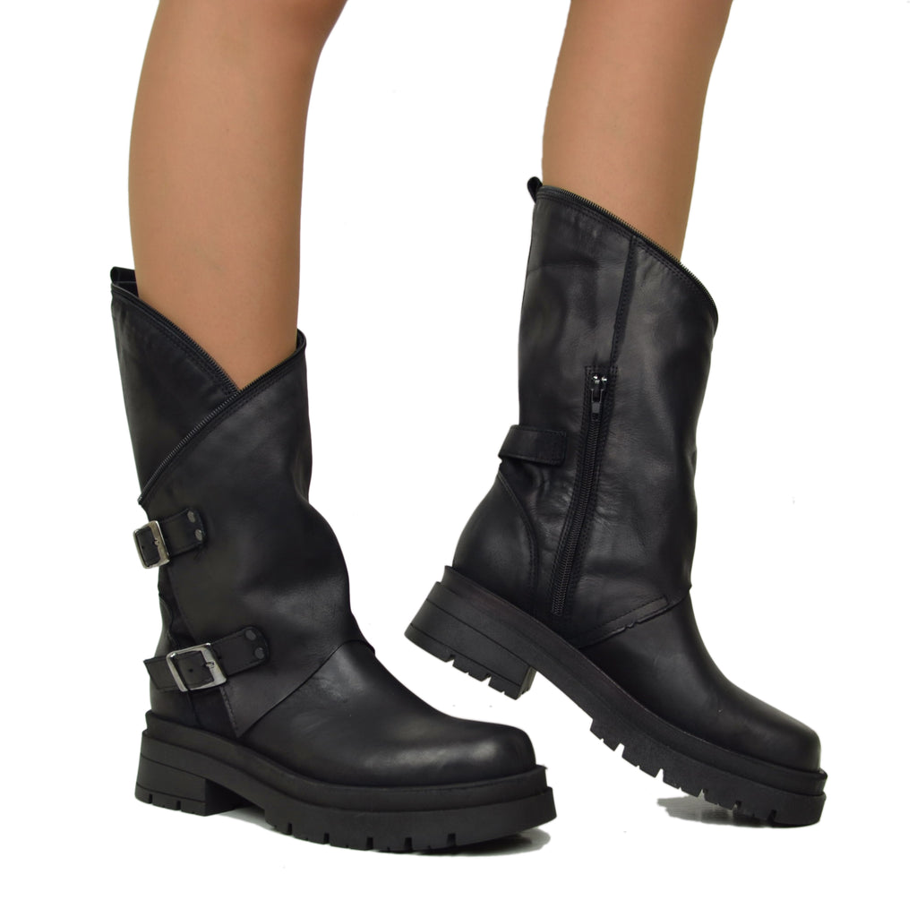 Women's Black Biker Boots with Buckles and Side Zip Made in Italy - 4