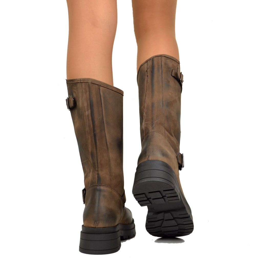 Braune Damen-Bikerstiefel mit verstellbaren Schnallen, hergestellt in Italien - 6