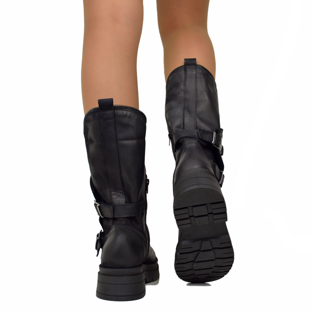 Women's Black Biker Boots with Buckles and Side Zip Made in Italy - 5